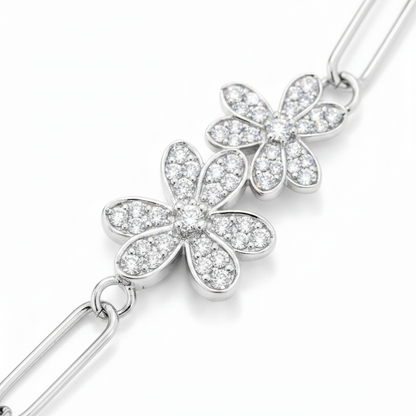 Elegant Twin Daisy Cubic Zirconia 925 Sterling Silver Bracelet for Women & Girls