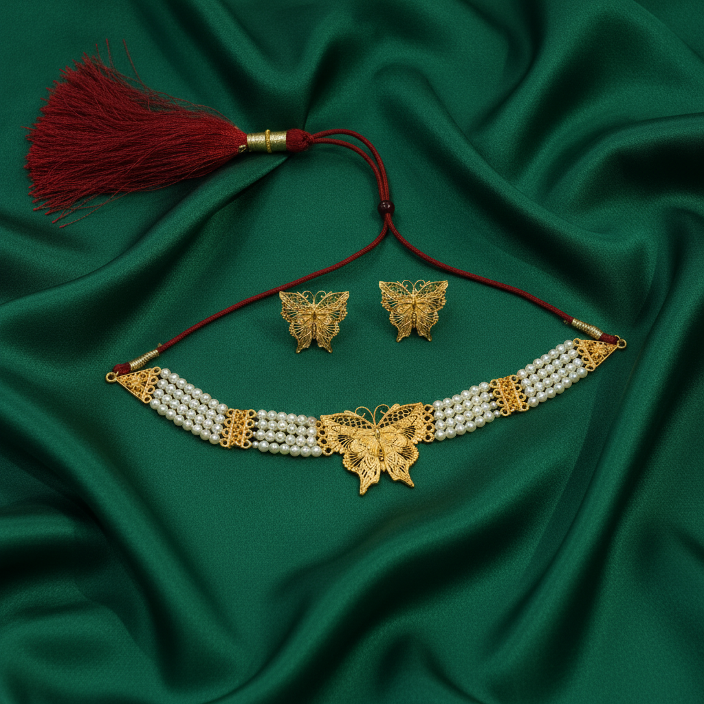 Elegant Butterfly Pearl Choker & Earrings Set