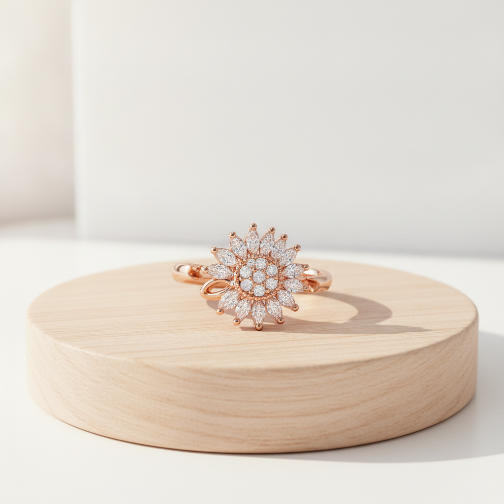 Rose Gold Crystal Floral 360° Rotating Spinner Ring