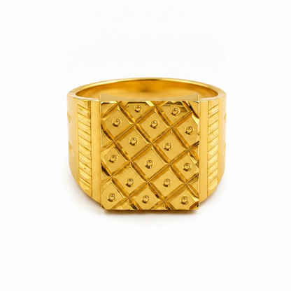 Majestic Grid Crest Gold Ring for Men