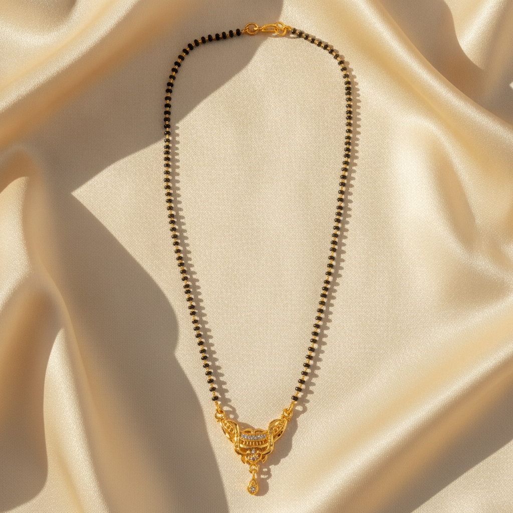 Women's Traditional Black Bead Mangalsutra with CZ Stone Pendant
