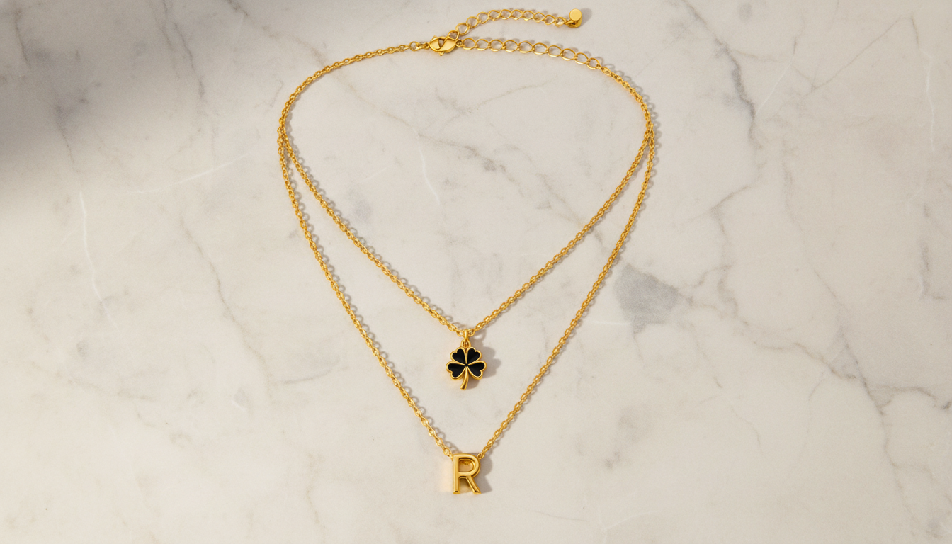 Elegant Double Chain Initial R & Clover Necklace for Women