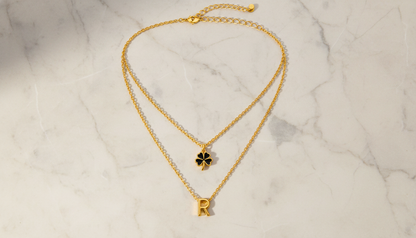 Elegant Double Chain Initial R & Clover Necklace for Women