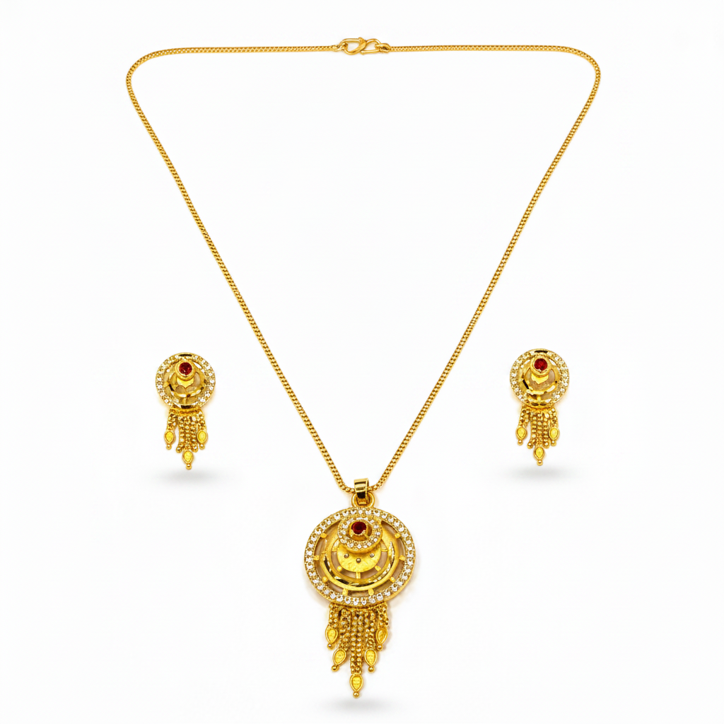 Royal Ruby CZ Circular Tassel Pendant Necklace Set with Matching Earrings for Women