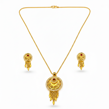 Royal Ruby CZ Circular Tassel Pendant Necklace Set with Matching Earrings for Women