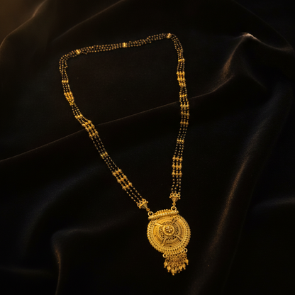 Designer Black Bead Mangalsutra with Heritage Round Pendant for Women