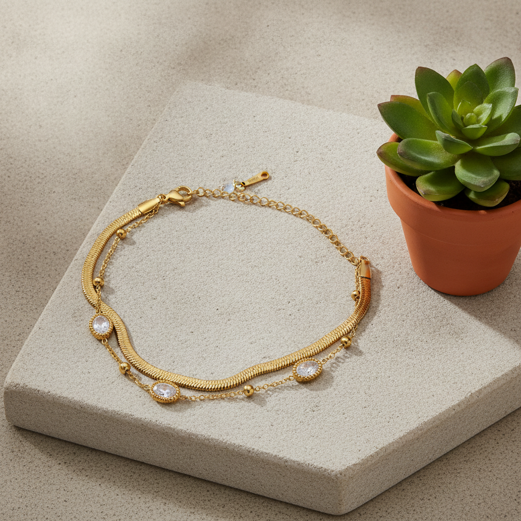 NUGOLD Premium Double Layer Oval Stone Bracelet