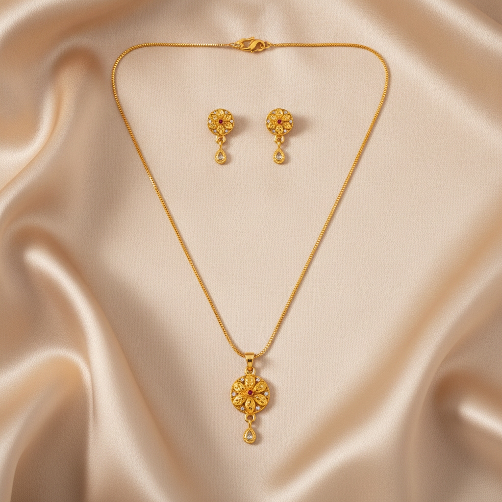 Elegant Floral Round Pendant Necklace & Matching Drop Earrings Set for Women