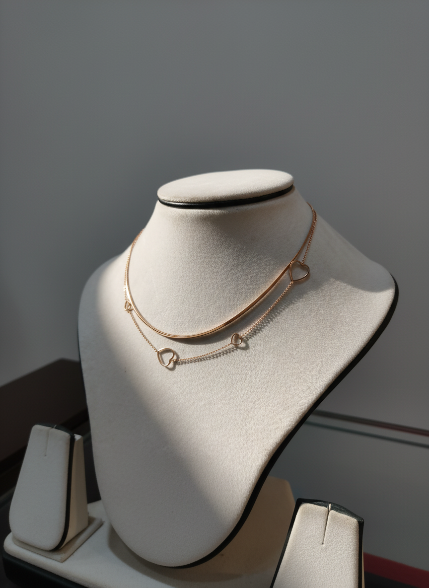 Elegant Rose Gold Double Layer Heart Charm Pendant Necklace