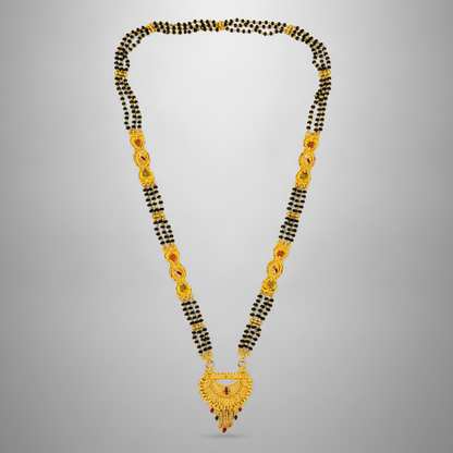 Traditional Mangalsutra Necklace with Red & Green Stone Pendant
