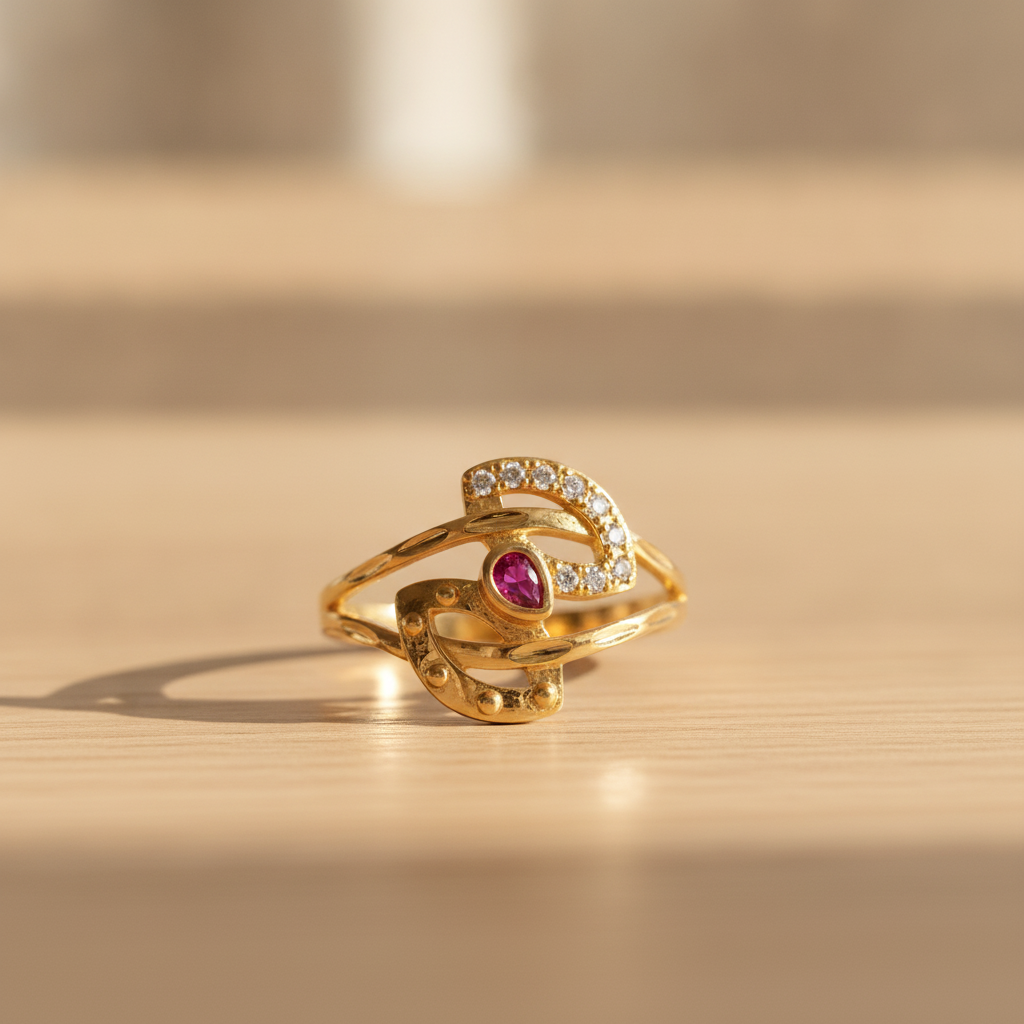 Royal Ruby Crescent Halo Designer Ring
