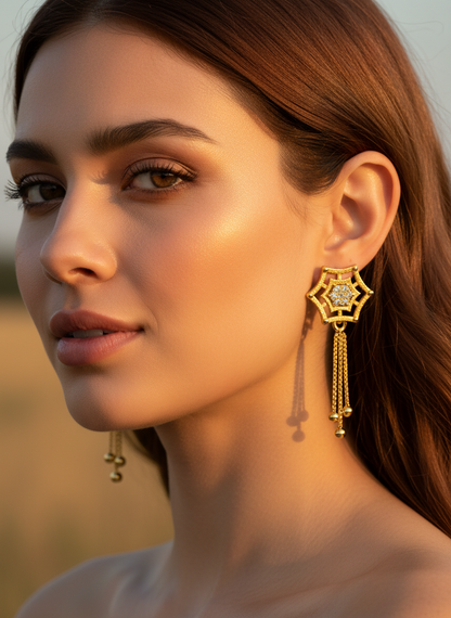 NuGold Star Charm Tassel Crystal Earrings