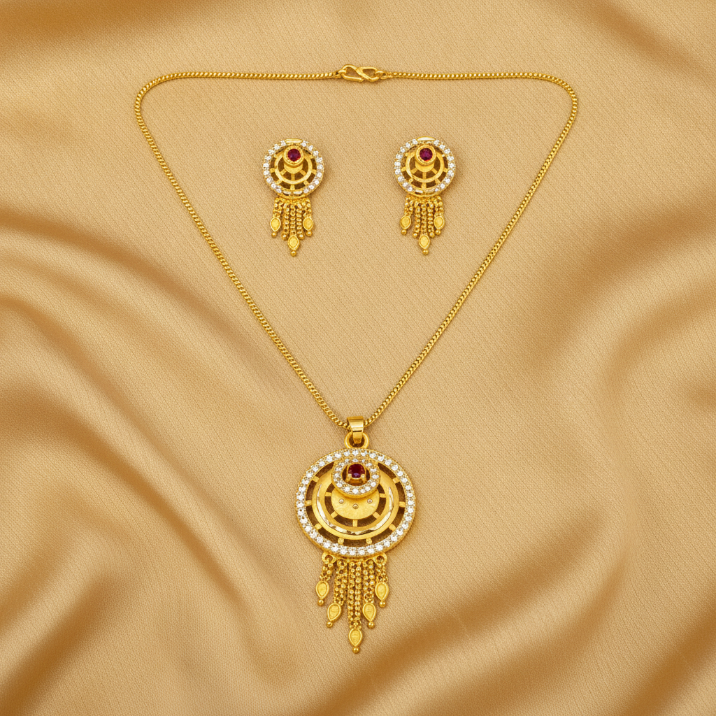 Royal Ruby CZ Circular Tassel Pendant Necklace Set with Matching Earrings for Women