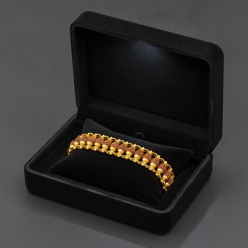 Premium Rudraksha Beaded Gold Bracelet with Dual Chain Design