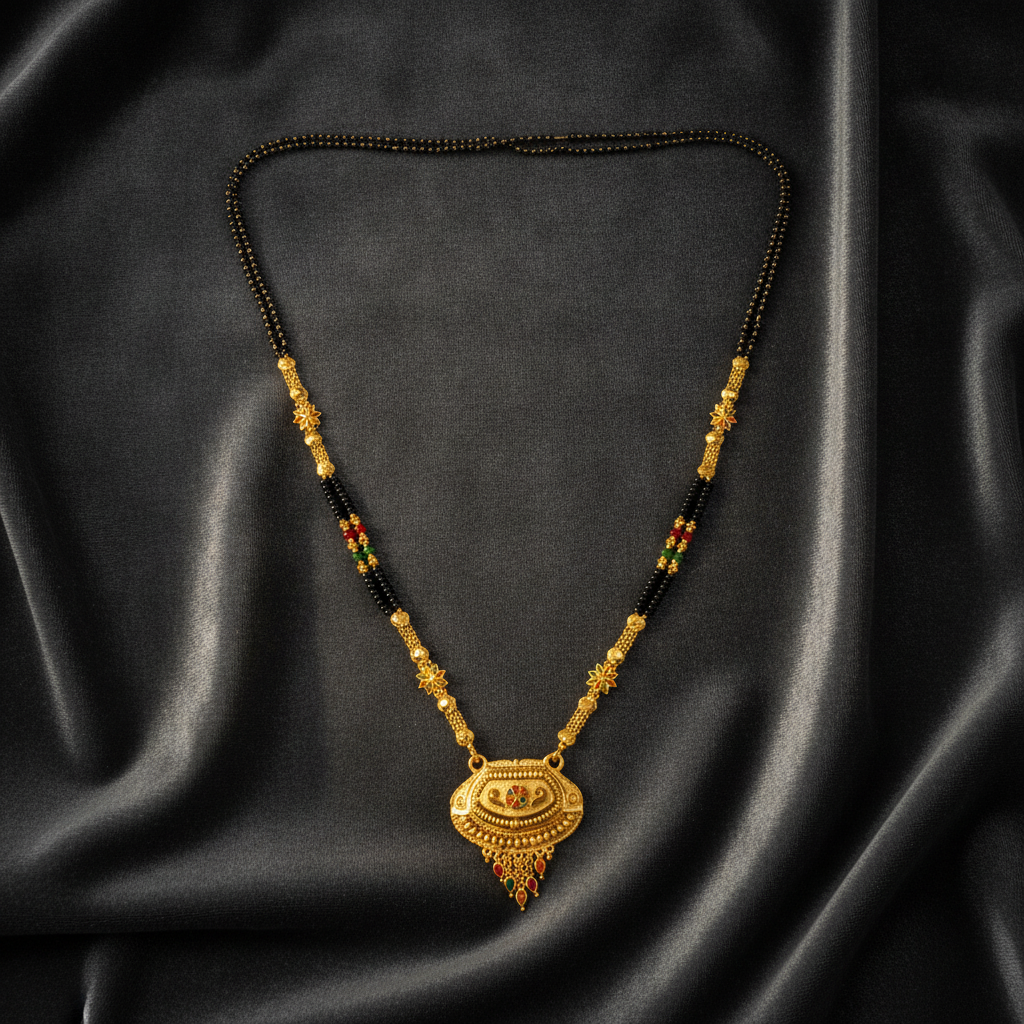 Royal Ethnic Black Bead Mangalsutra with Antique Oval Floral Pendant
