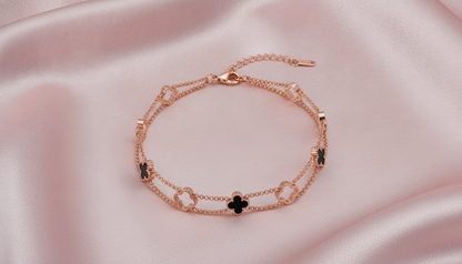 Rose Gold Double Layer Black Clover Bracelet for Women