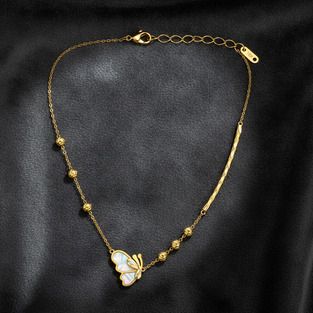 Elegant Gold Butterfly & Bead Chain Necklace