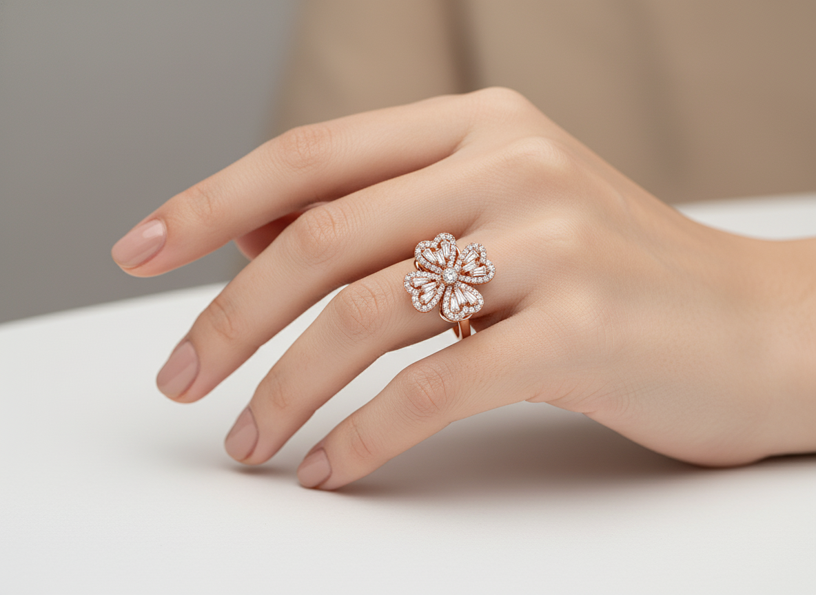 Rose Gold Blossom Crystal Ring for Women