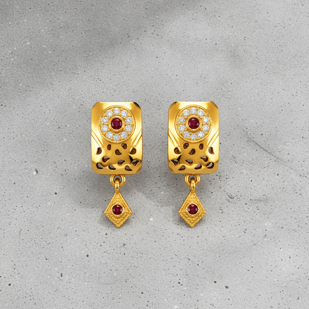 Traditional Royal Ruby-Accented Rectangle Drop Earrings