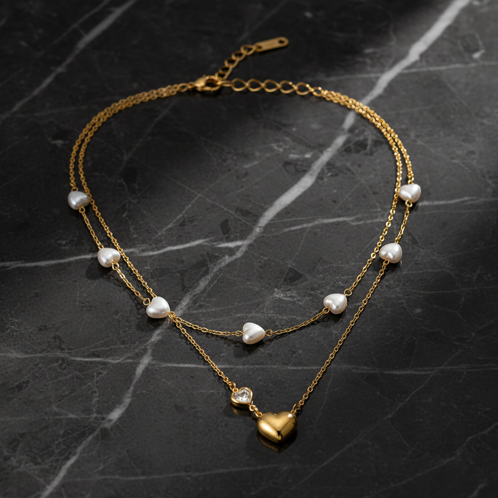 Golden Heart & Pearl Double Layer Necklace for Women