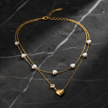 Golden Heart & Pearl Double Layer Necklace for Women