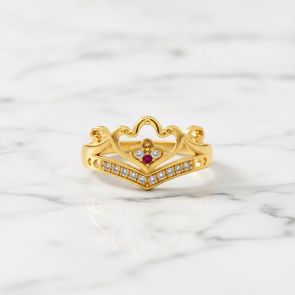 Royal Ruby Heart Crown CZ Statement Ring