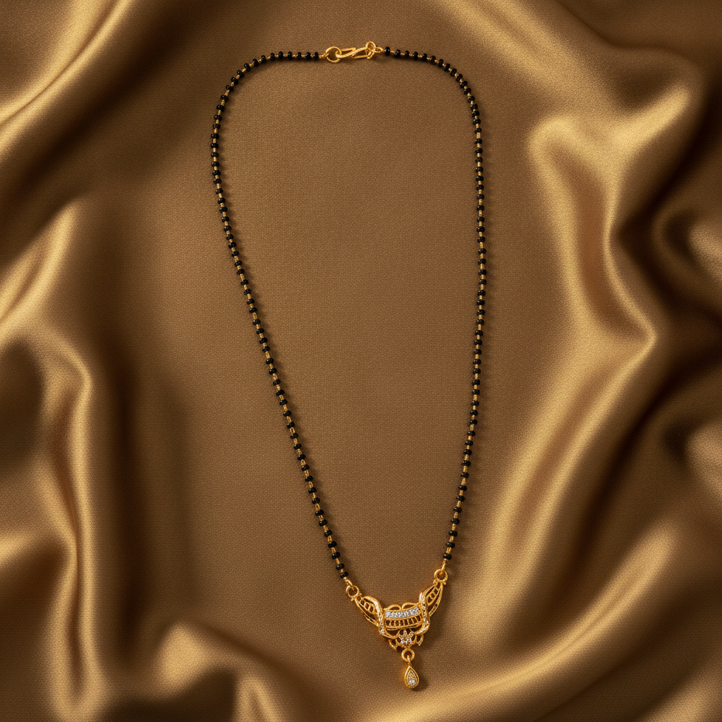 Women's Traditional Black Bead Mangalsutra with CZ Stone Pendant