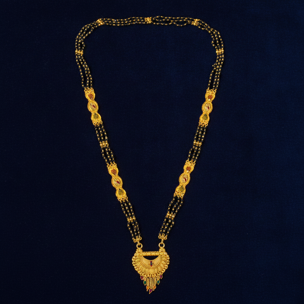 Traditional Mangalsutra Necklace with Red & Green Stone Pendant