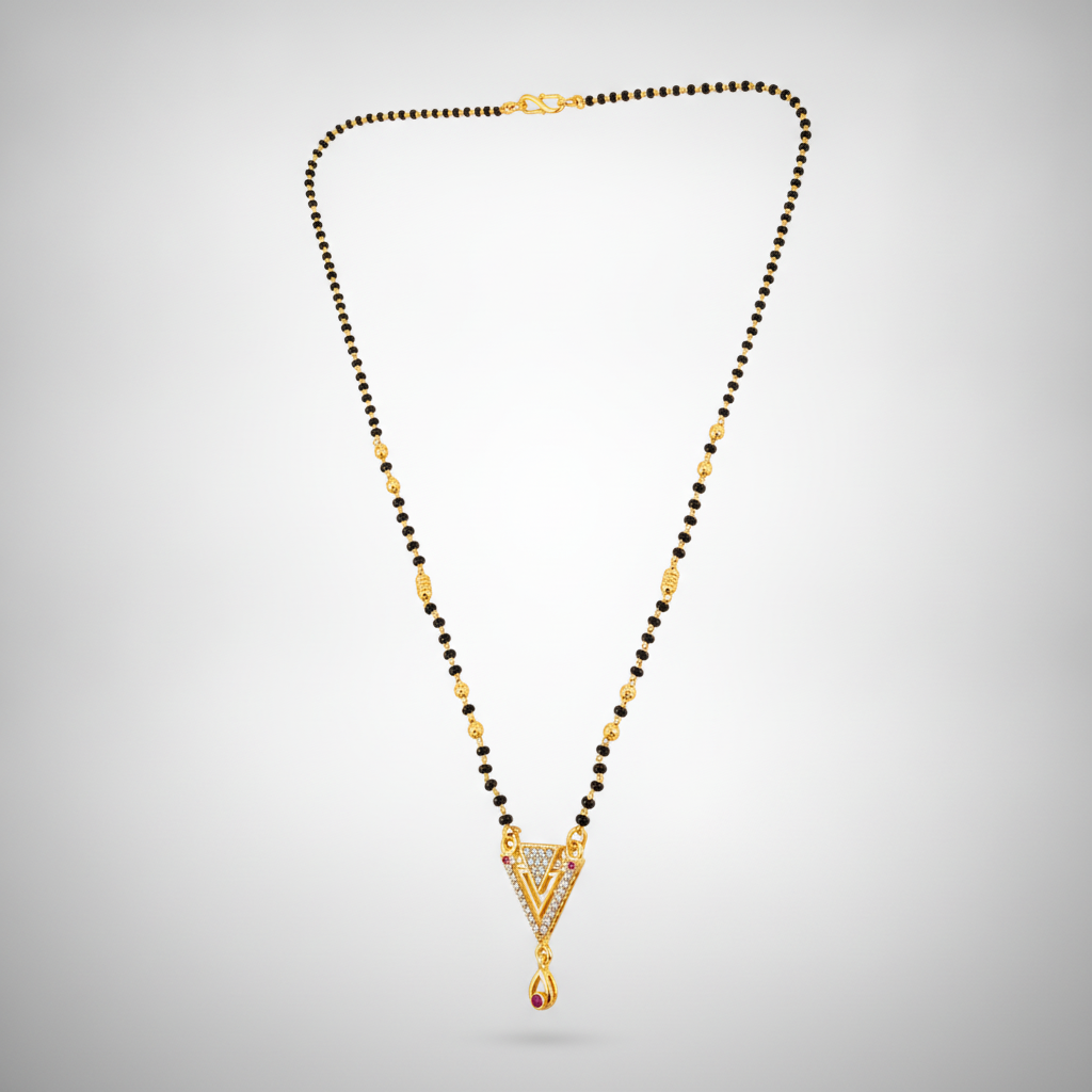 Designer Triangle CZ Stone Mangalsutra with Ruby Drop Pendant for Women