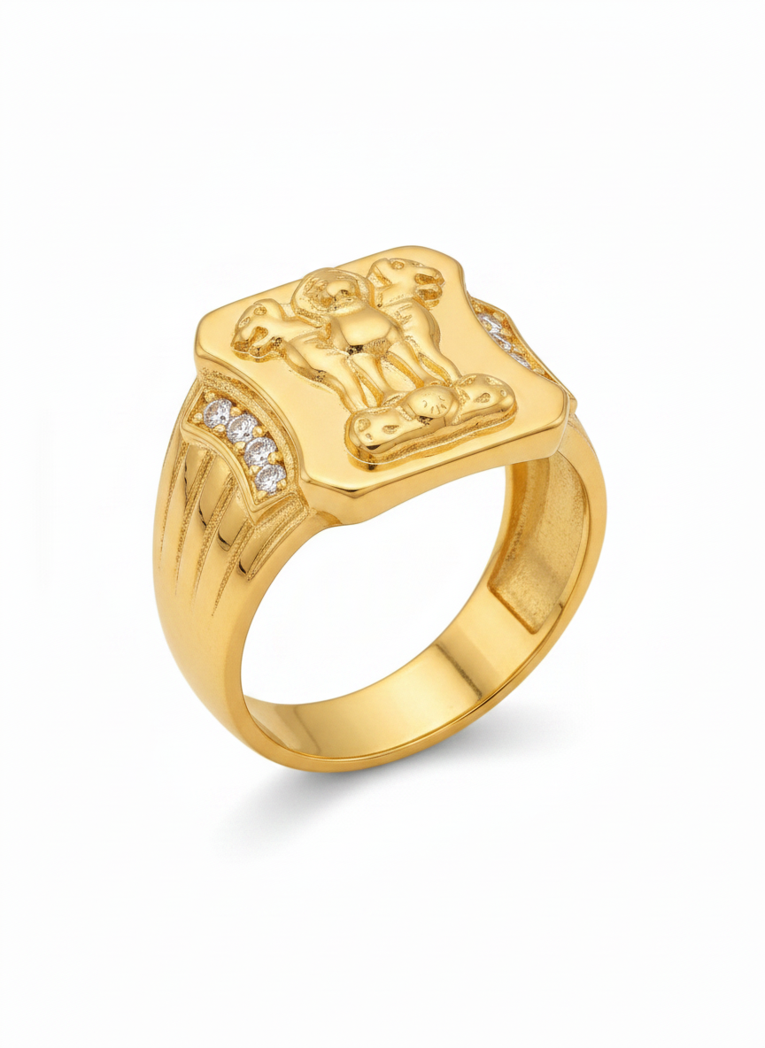 NuGold Royal Ashoka Lion Emblem Gold Signet Ring for Men