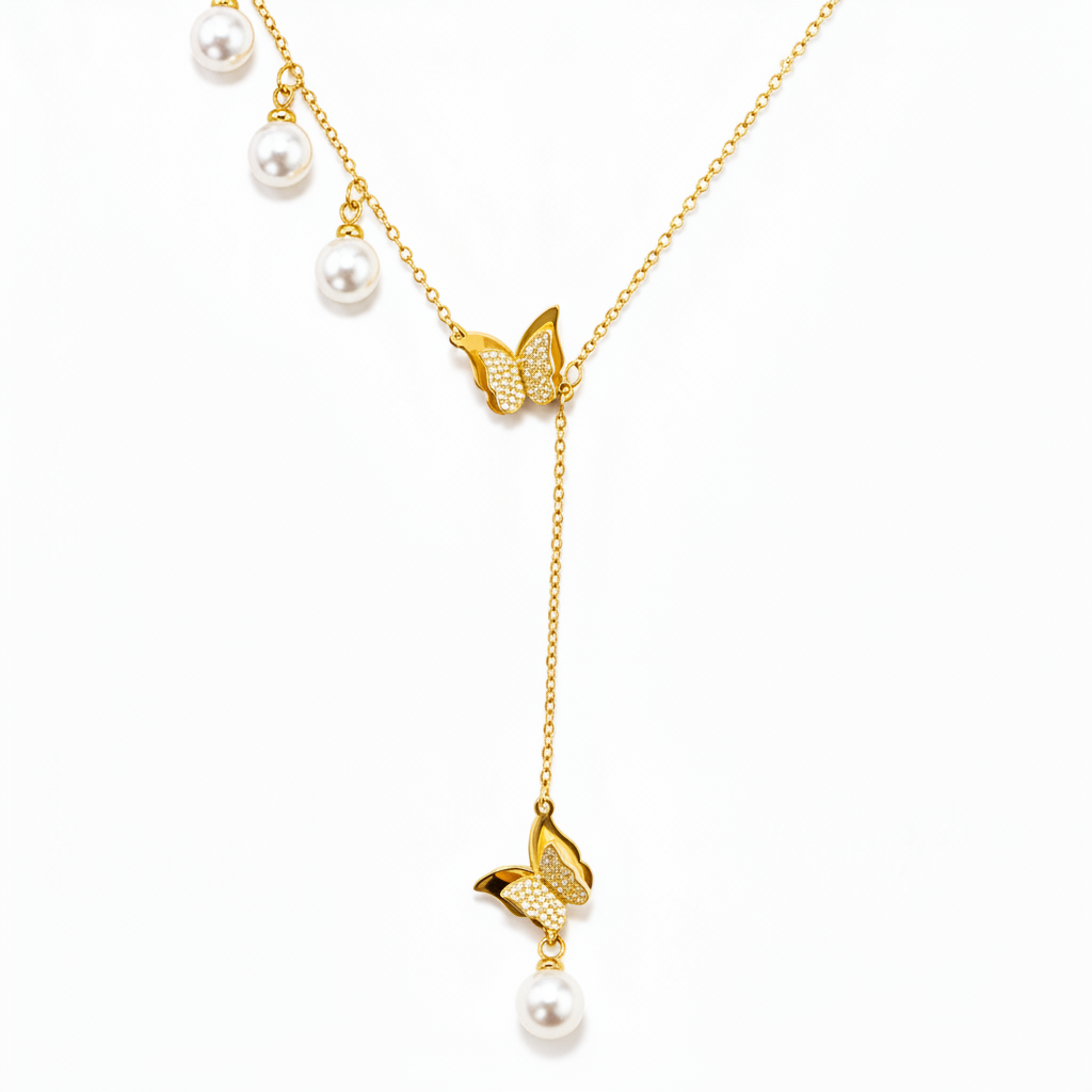 Golden Butterfly Pearl Drop Necklace for Women