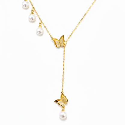 Golden Butterfly Pearl Drop Necklace for Women