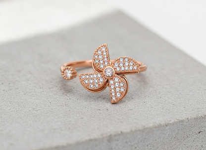 Rose Gold Floral CZ Adjustable Ring for Women