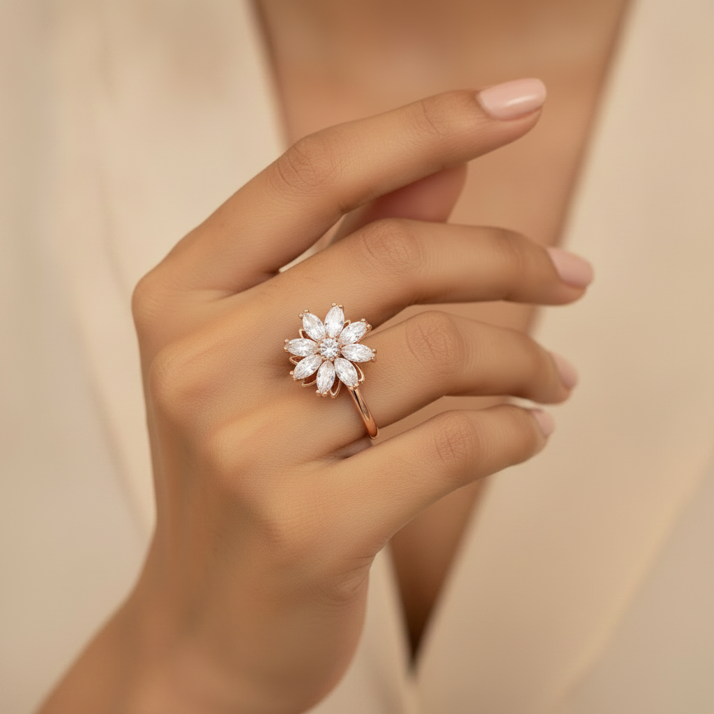 Luxury 360° Rotating Floral Blossom Adjustable Ring with Sparkling CZ