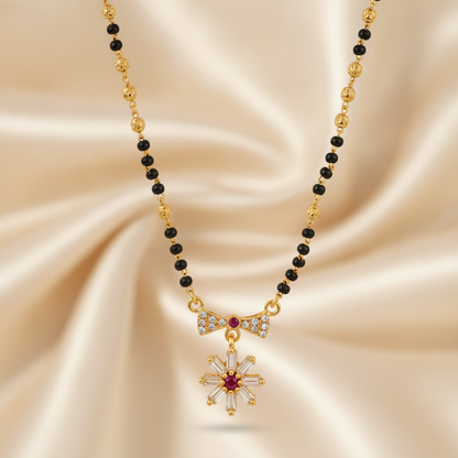 Traditional Mangalsutra with Red Stone & Sparkling CZ Flower Design