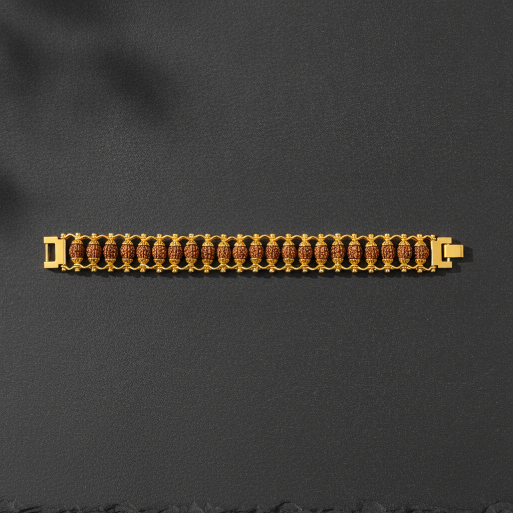 Premium Rudraksha Beaded Gold Bracelet with Dual Chain Design