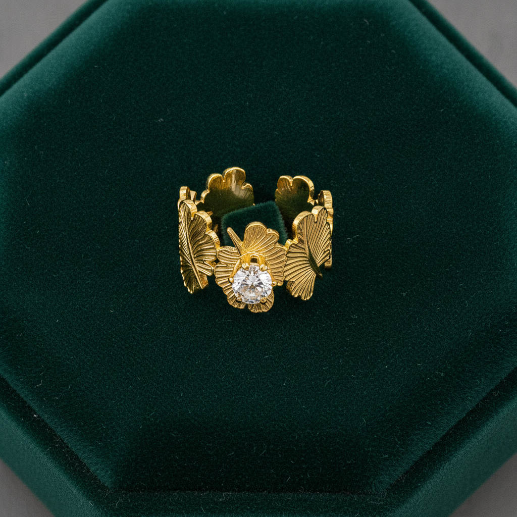 NUGOLD Leaf Adjustable Ring with Solitaire CZ Stone
