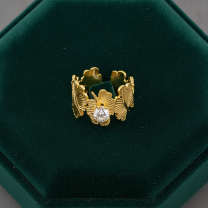 NUGOLD Leaf Adjustable Ring with Solitaire CZ Stone