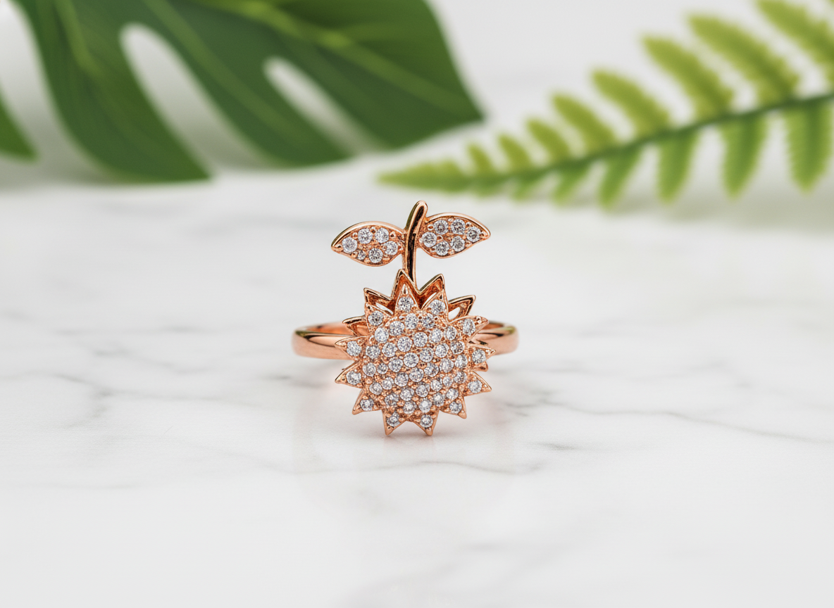 Rose Gold Sunflower Crystal Ring for Women