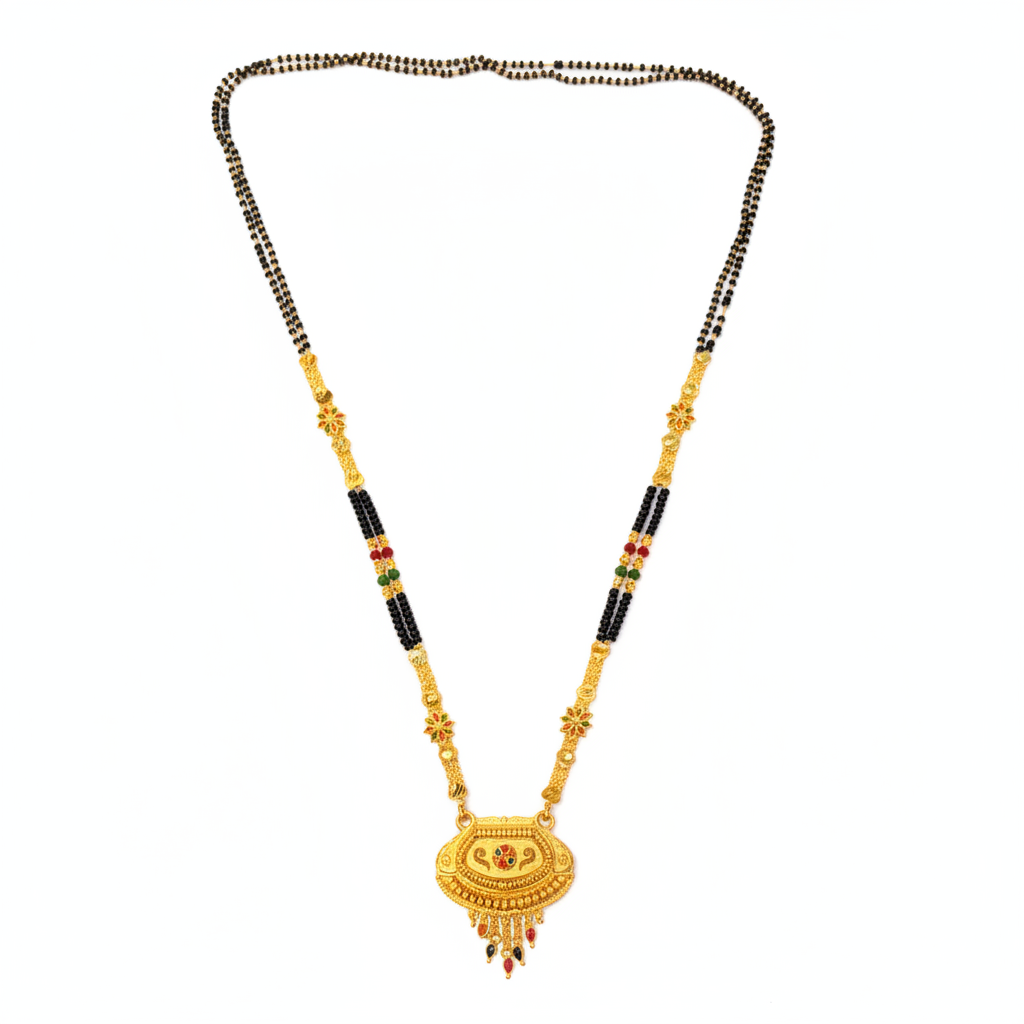 Royal Ethnic Black Bead Mangalsutra with Antique Oval Floral Pendant