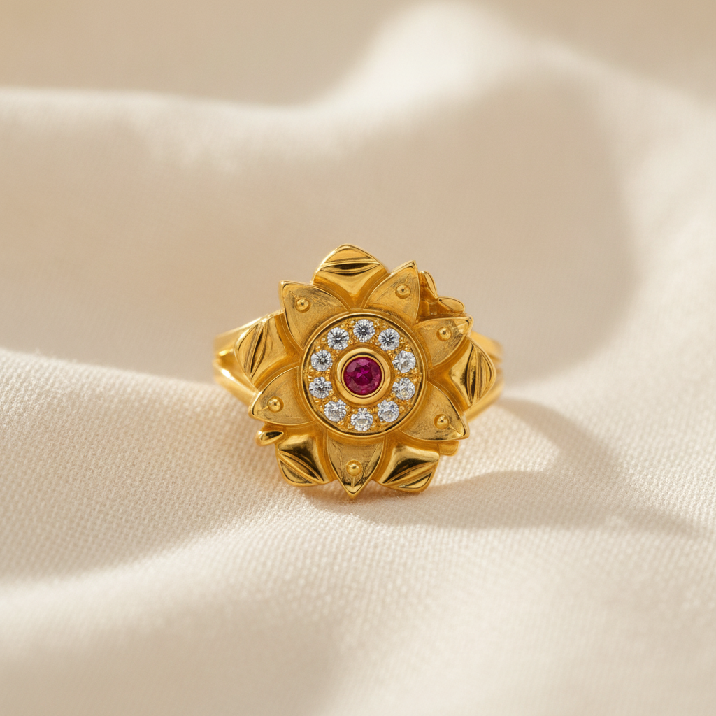 Royal Lotus Ruby & Crystal Statement Ring For Women