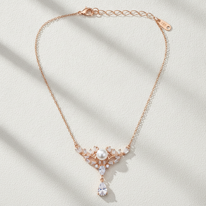 Elegant Pearl Crown Pendant Necklace in Rose Gold