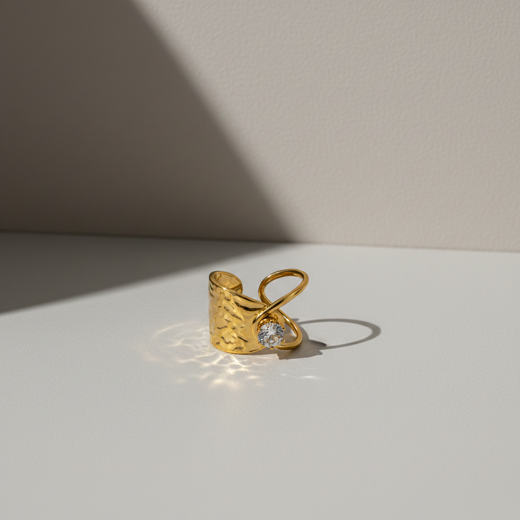 Elegant Anti-Tarnish Hammered Gold Ring with CZ Stone