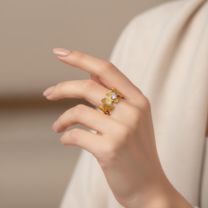 Elegant Textured Anti-Tarnish Layered Ring with CZ Stone