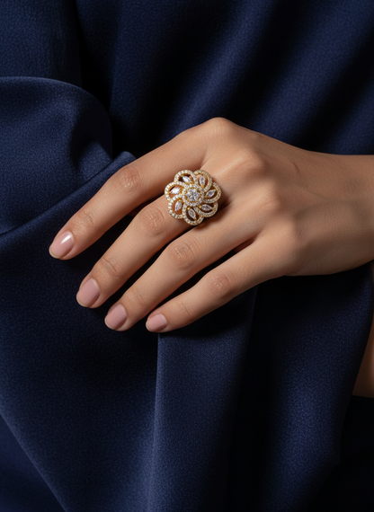 NuGold Luxury Floral Halo Diamond Statement Ring for Women
