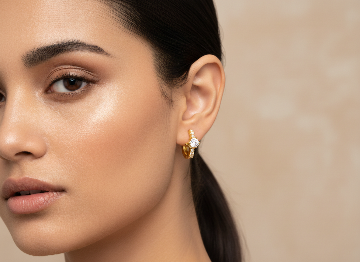 NuGold Solitaire Crystal Gold-Toned Huggie Hoop Earrings for Women