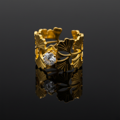 Elegant Anti-Tarnish Leaf Pattern Ring with CZ Stone