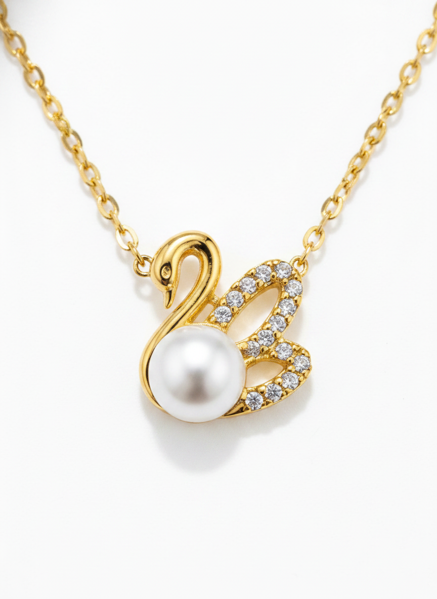 Graceful Swan Pearl Necklace with Sparkling CZ Stones