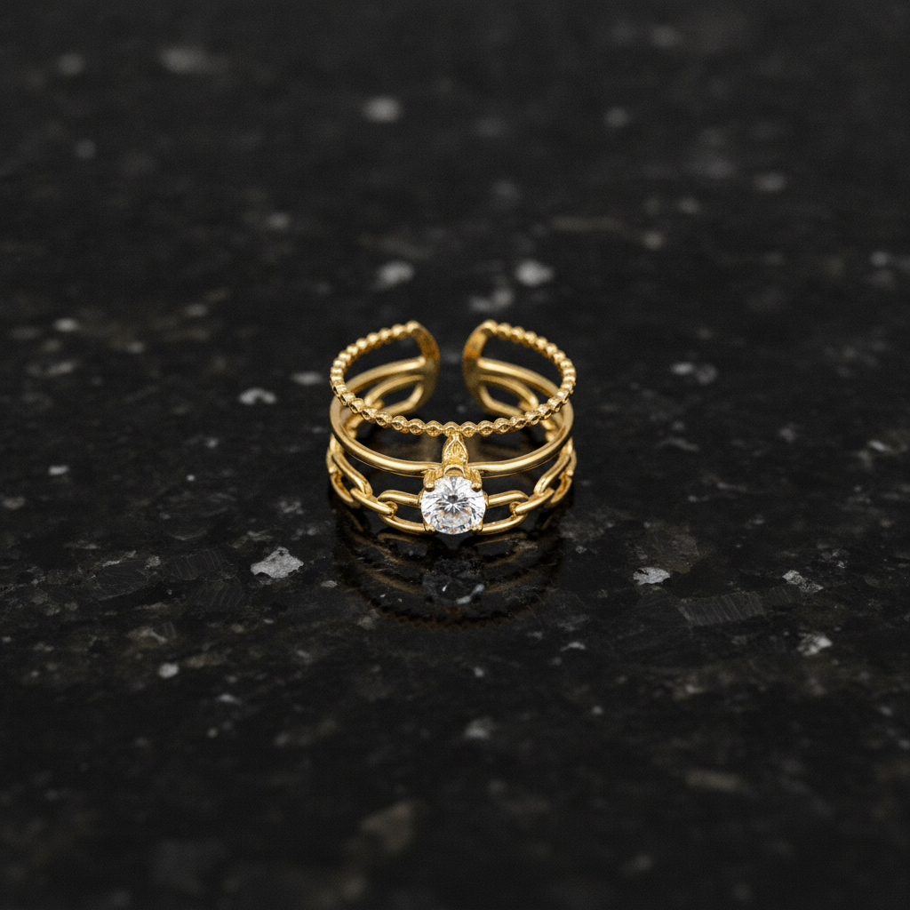 Luxury Triple Band Gold Ring with Brilliant Solitaire Stone