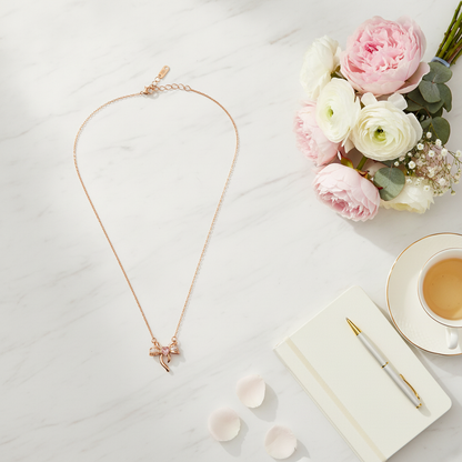 Rose Gold Crystal Bow Necklace with Heart Charm